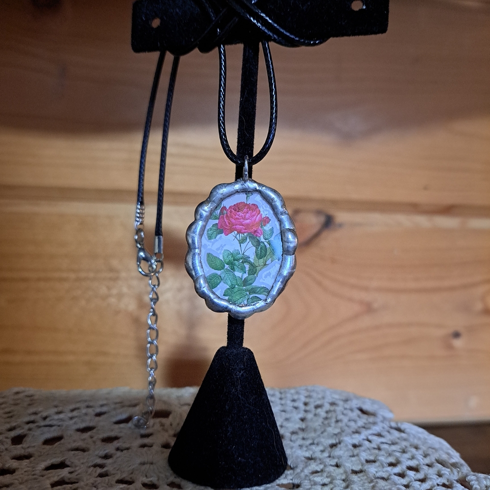 Floral Pendant Necklace with Black Cord Transfer Between Glass Soldered Hippie